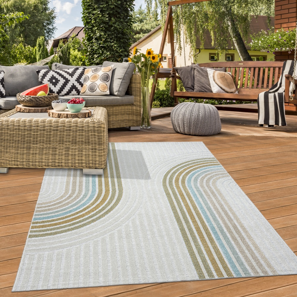 In- & Outdoor Teppich Linienmuster modern wetterfest & pflegeleicht creme bunt