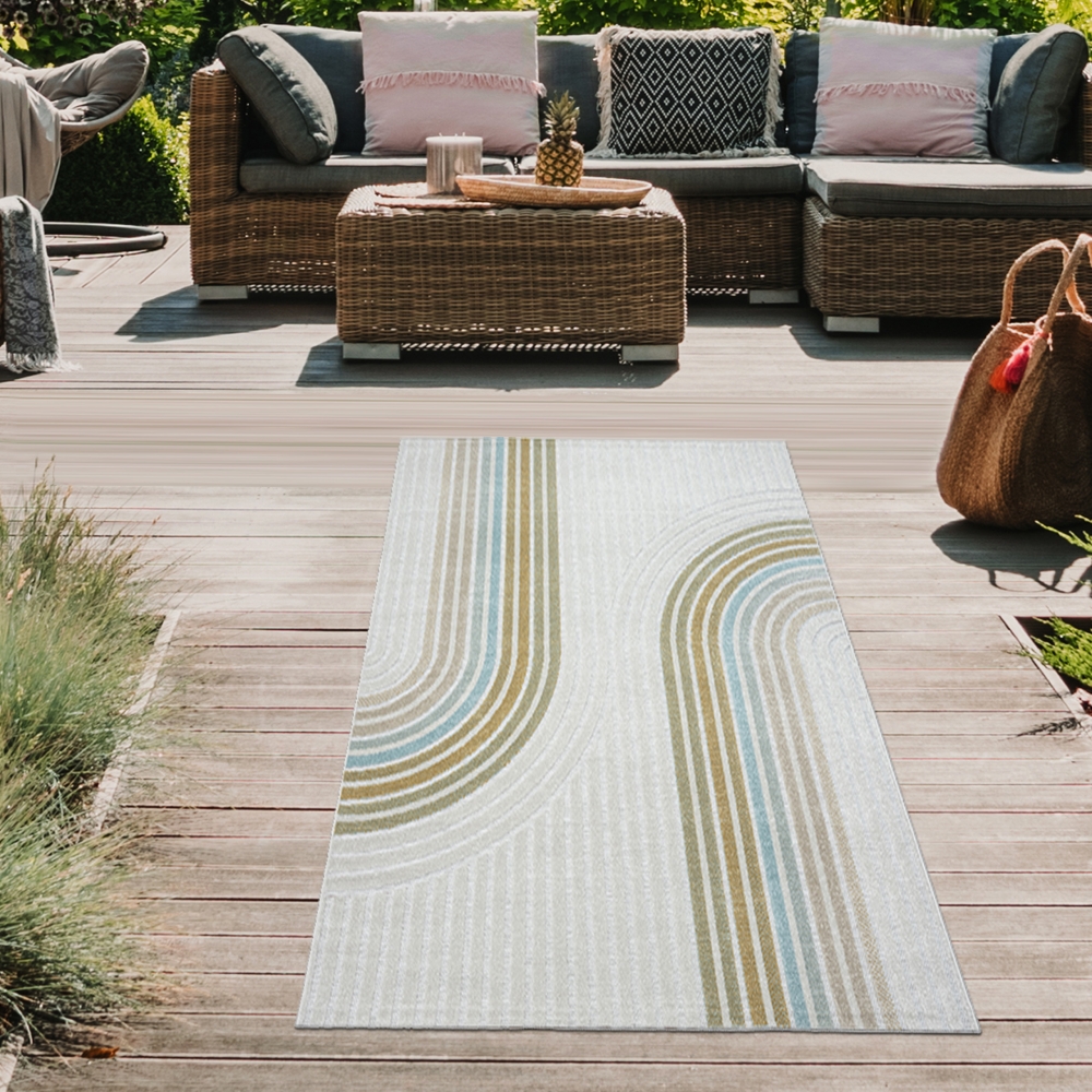 In- & Outdoor Teppich Linienmuster modern wetterfest & pflegeleicht creme bunt