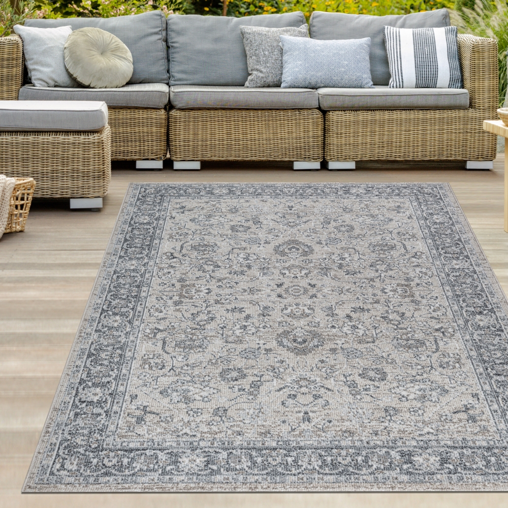 Teppich Vintage Ornamentmuster Outdoor Wohnzimmerteppich grau