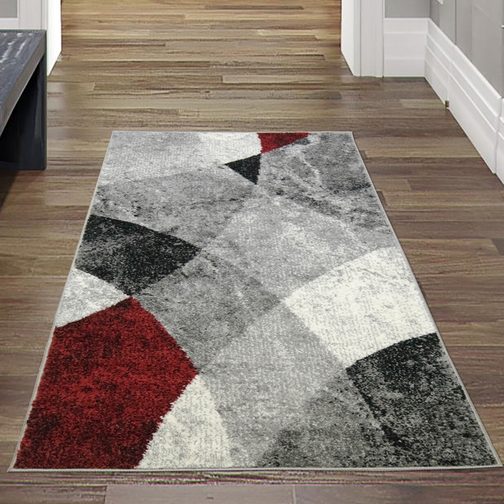 Moderner Wohnzimmer Teppich abstraktes Wellen Rauten Design marmoriert in rot grau - pflegeleicht