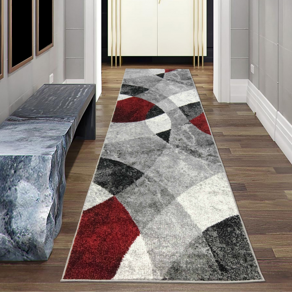 Moderner Wohnzimmer Teppich abstraktes Wellen Rauten Design marmoriert in rot grau - pflegeleicht