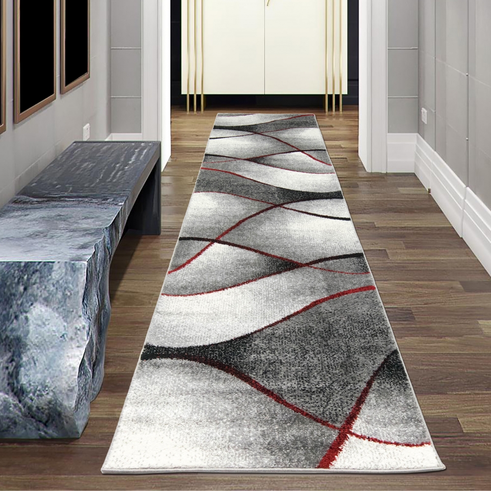 Moderner Wohnzimmer Teppich Wellen Design in rot grau anthrazit - pflegeleicht