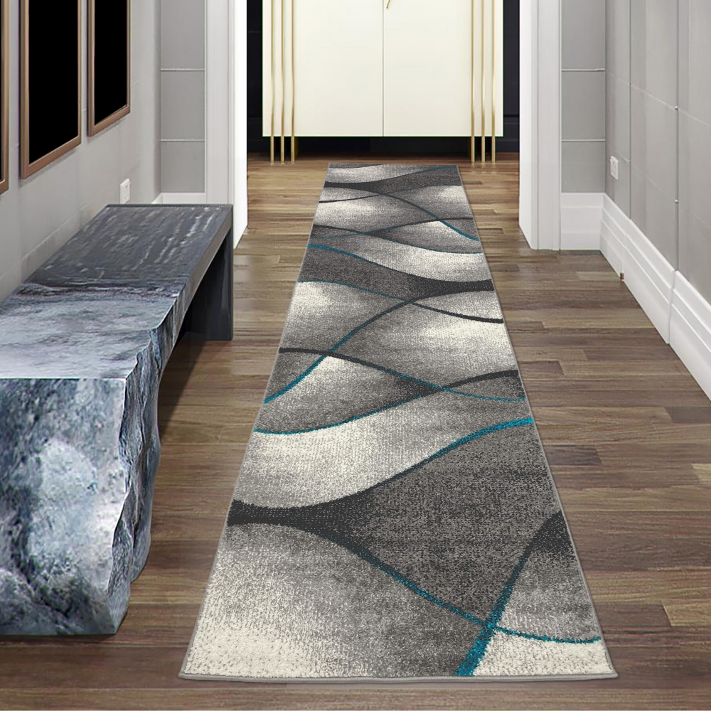 Moderner Wohnzimmer Teppich Wellen Design in blau grau anthrazit  - pflegeleicht