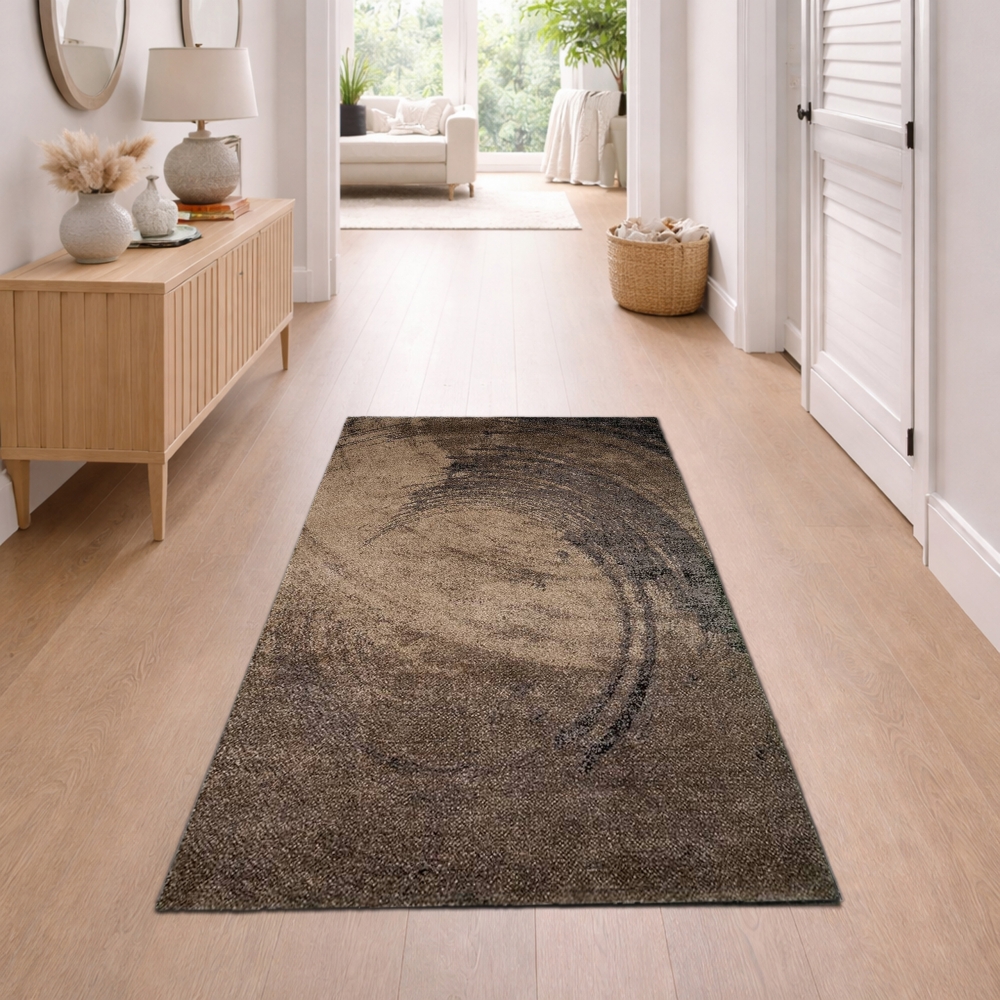 Moderner Teppich Braun Beige Kreis Design weich Wohnzimmer stilvoll