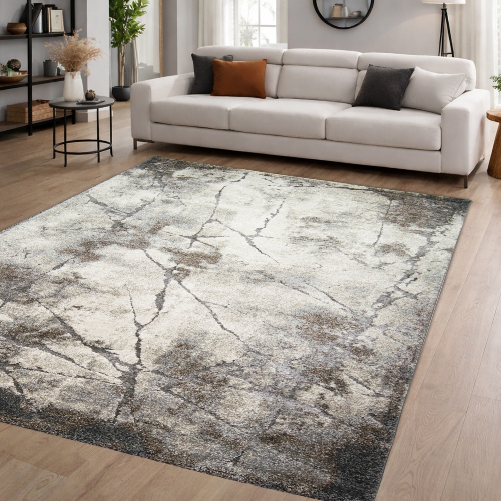 Moderner Teppich Creme Grau Marmor Design weich Wohnzimmer elegant