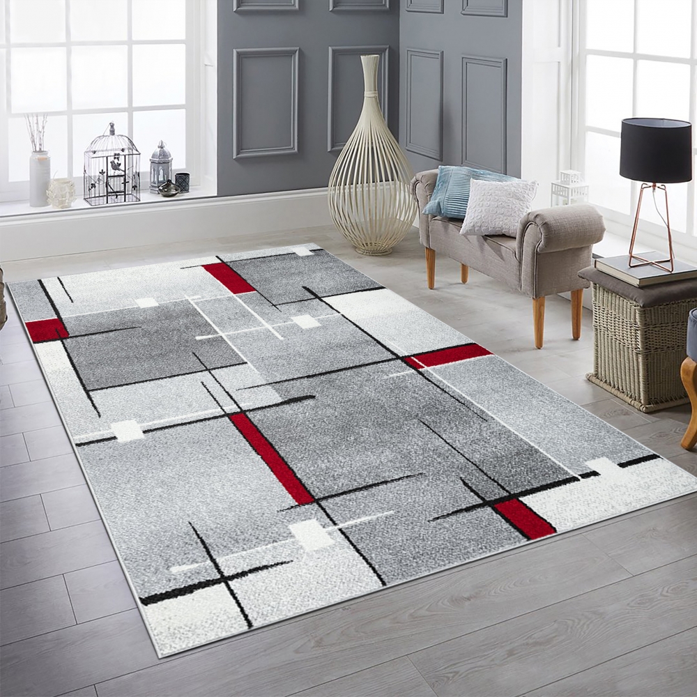 Moderner Teppich mit geometrischem Design in Grau, Weiß und Rot – Wohnzimmerteppich
