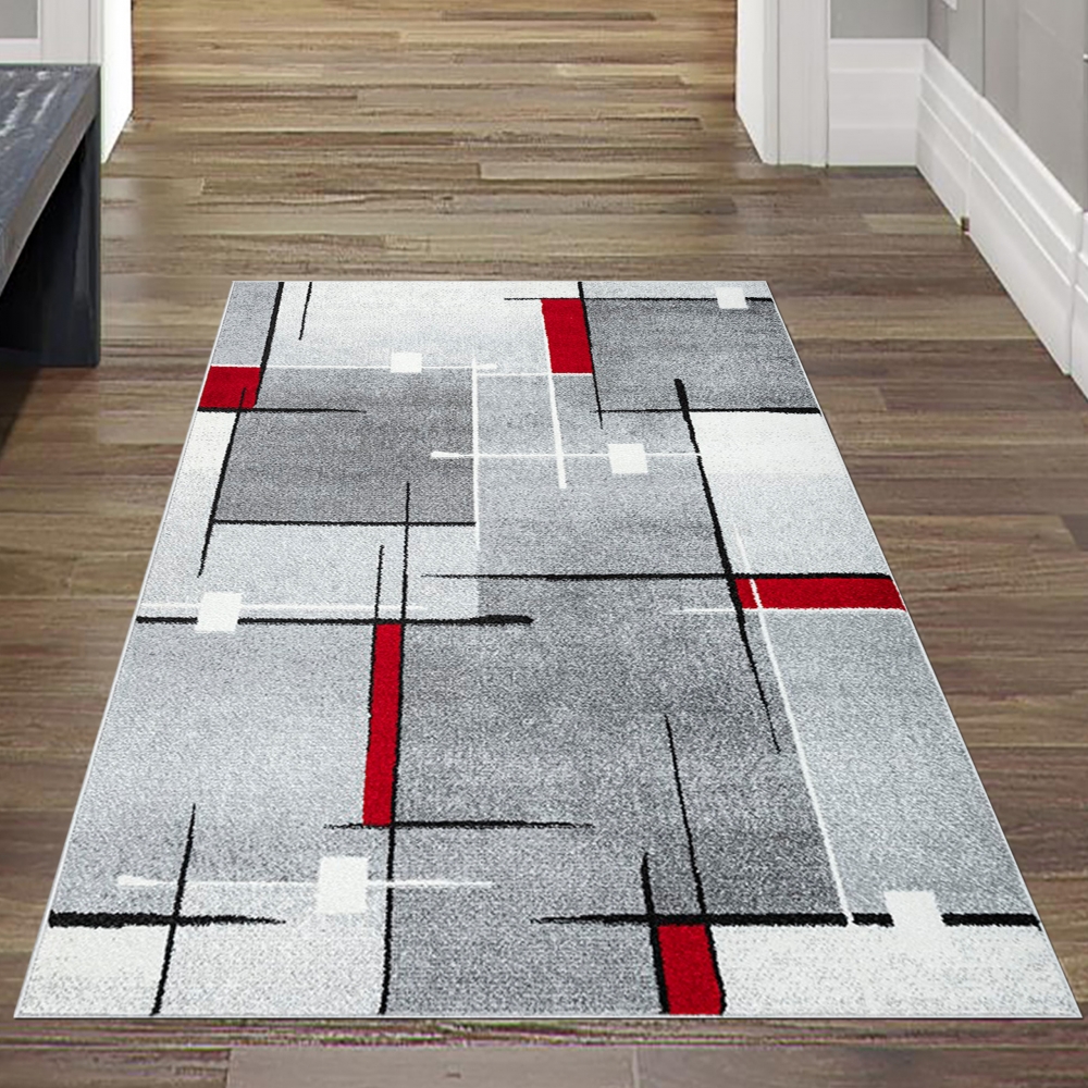 Moderner Teppich mit geometrischem Design in Grau, Weiß und Rot – Wohnzimmerteppich