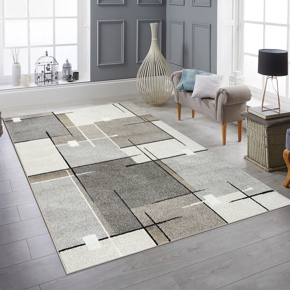 Moderner Teppich mit grafischem Muster in Beige, Grau und Creme – Eleganter Blickfang für jeden Raum