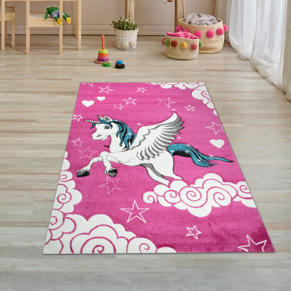 Kinderteppich Spielteppich Kinderzimmer Teppich Einhorn Design mit Konturenschnitt Pink Creme Türkis