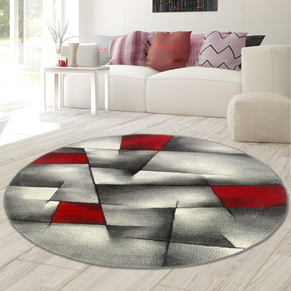 Designer Teppich Moderner Teppich Wohnzimmer Teppich Kurzflor Teppich mit Konturenschnitt Karo Muster Rot Grau Weiß Schwarz