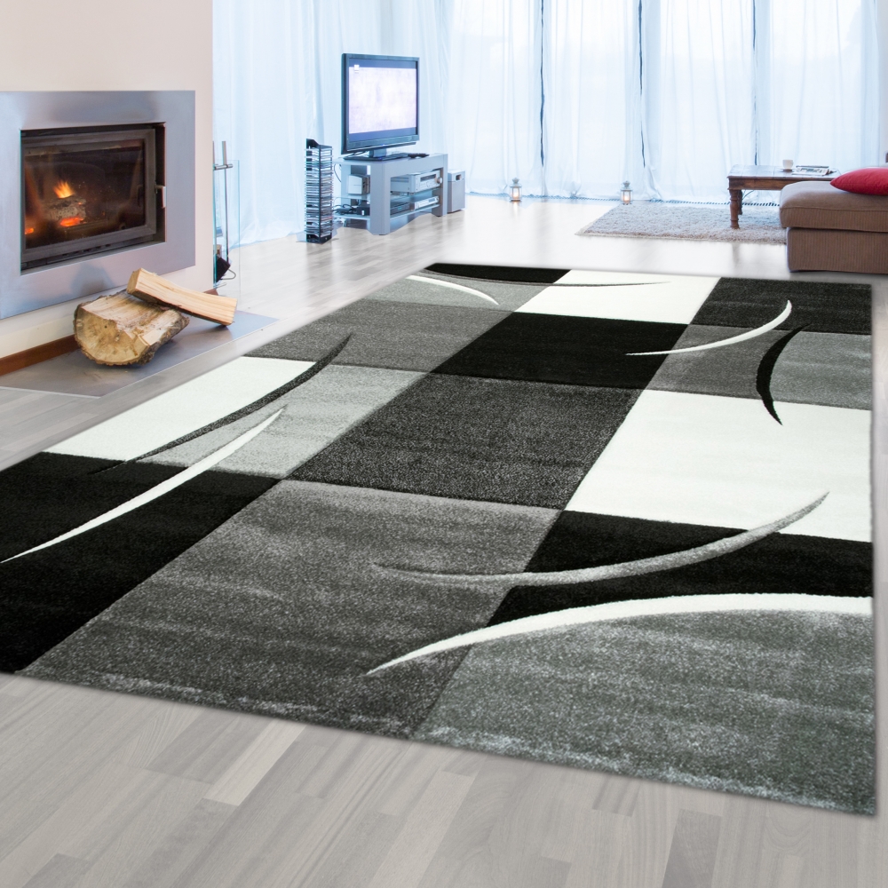 Designer Teppich Moderner Teppich Wohnzimmer Teppich Kurzflor Teppich mit Konturenschnitt Karo Muster Grau Weiss Schwarz