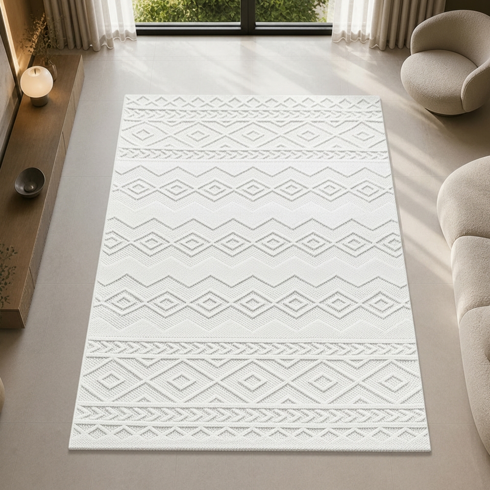 Boho Teppich mit moderner Loop-Struktur für Wohnräume Creme
