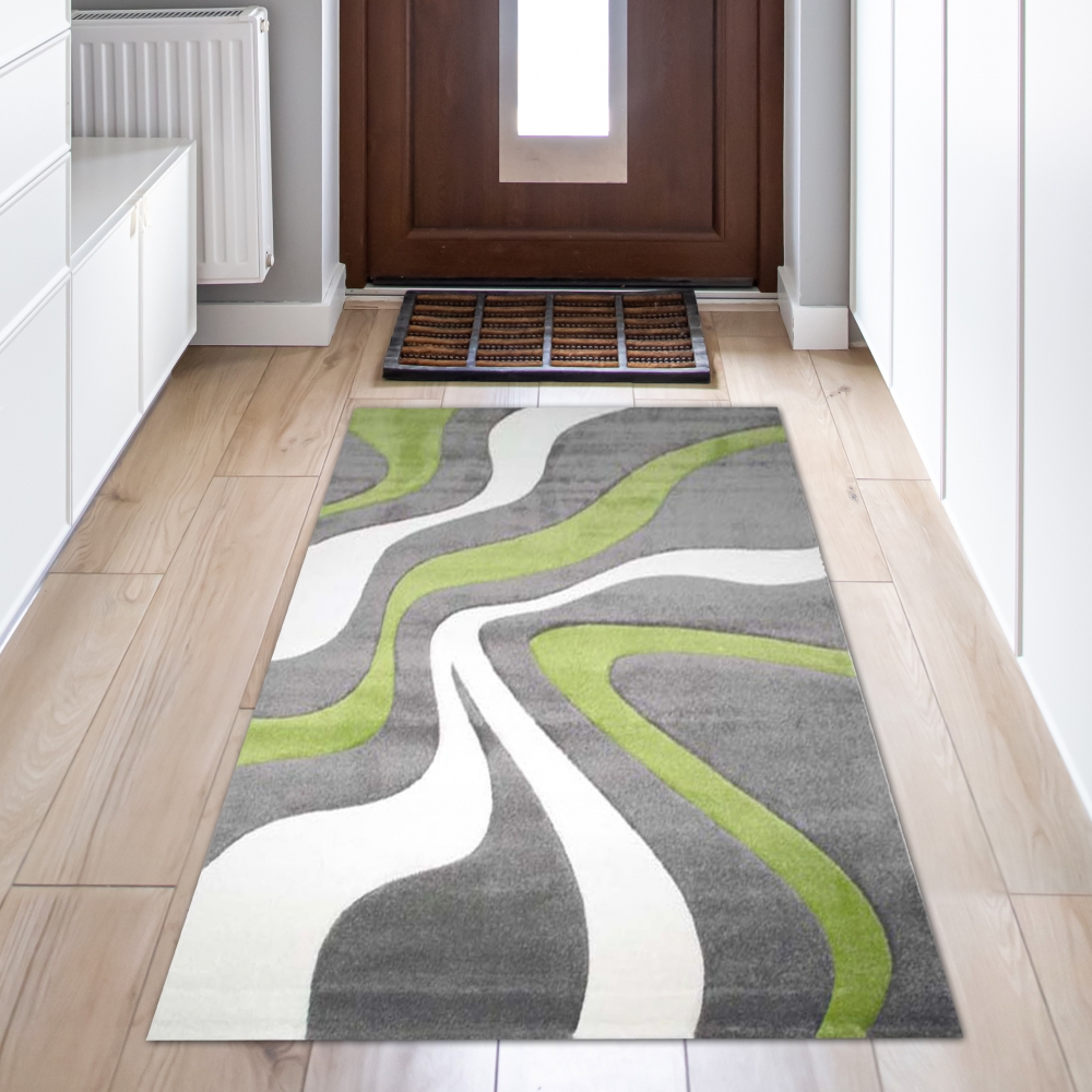 Teppich mit geschwungenen Linien | grün grau weiß