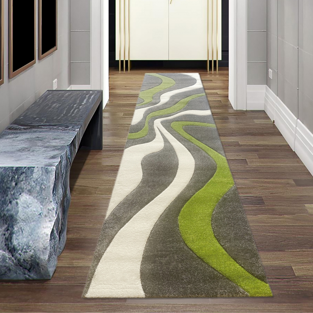 Teppich mit geschwungenen Linien | grün grau weiß