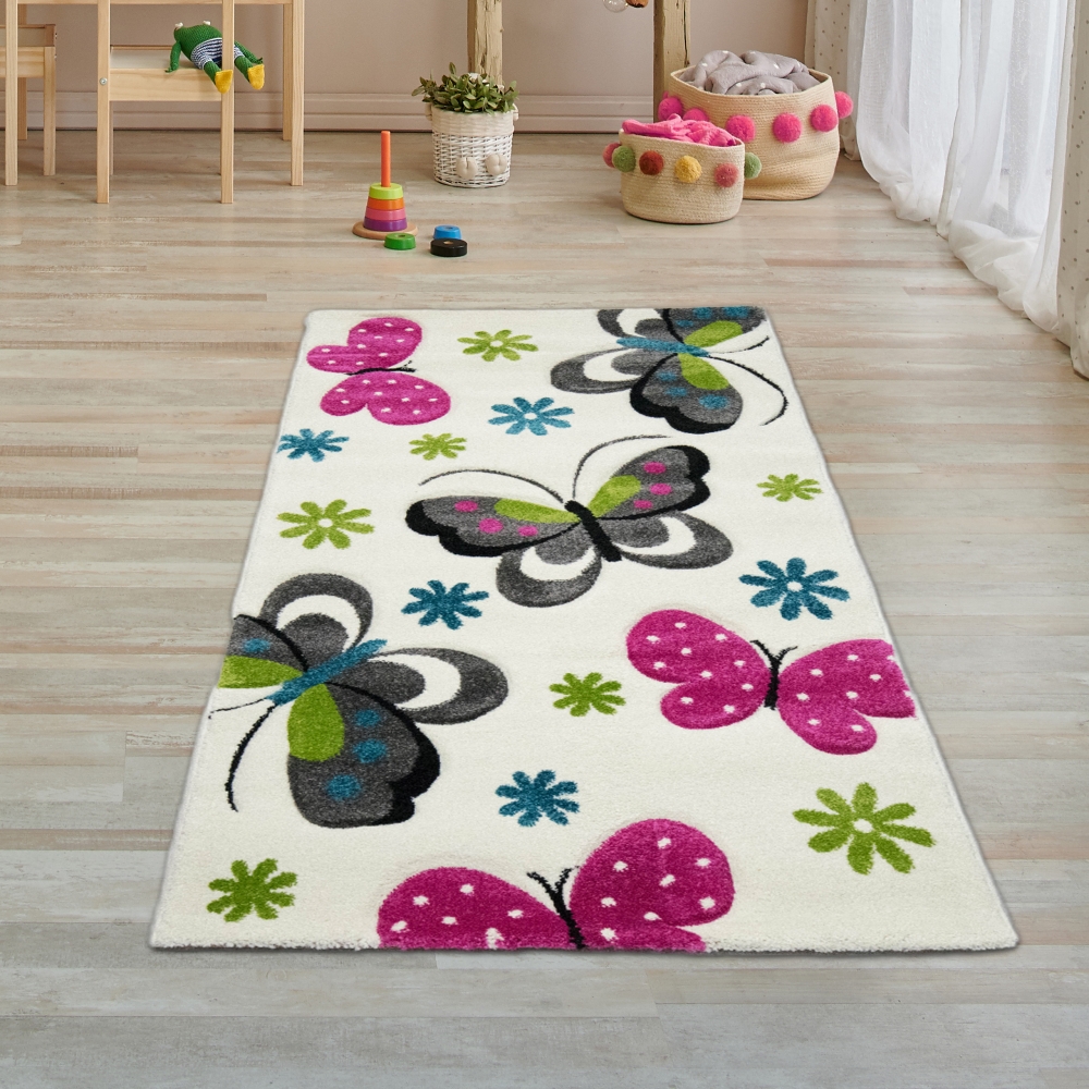 Kinderzimmer-Teppich mit Schmetterlingen in creme pink