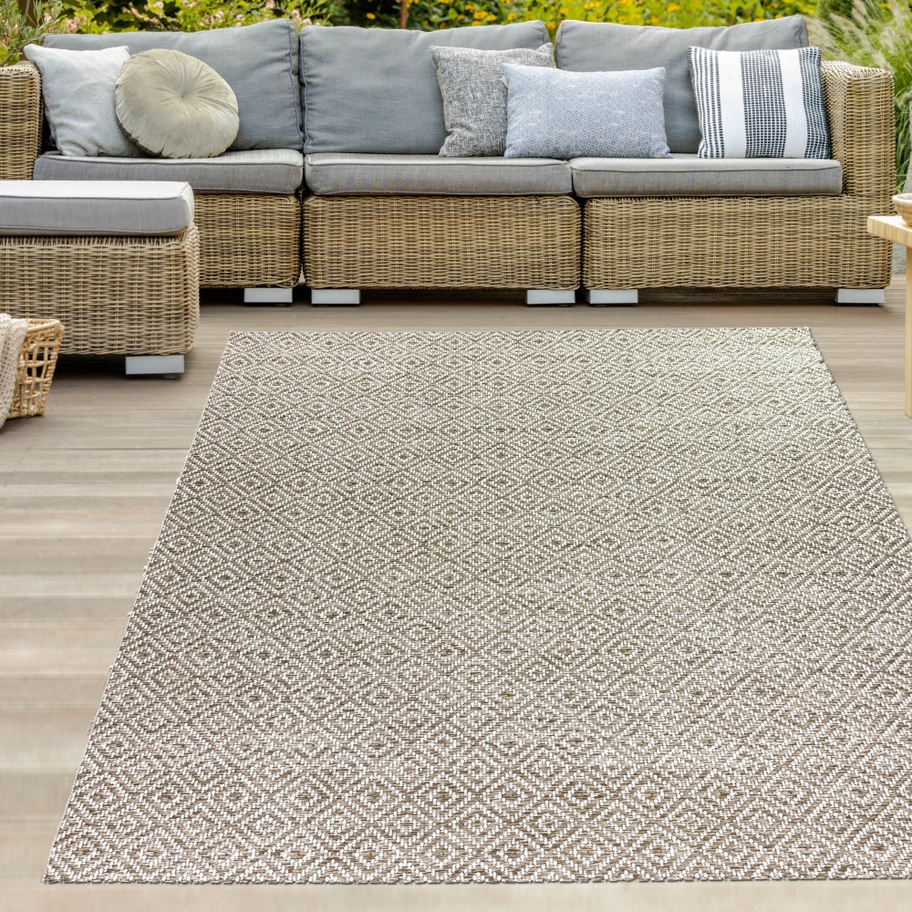 In- & Outdoorteppich Terrasse wetterfest kurzflor im Rautenmuster in beige