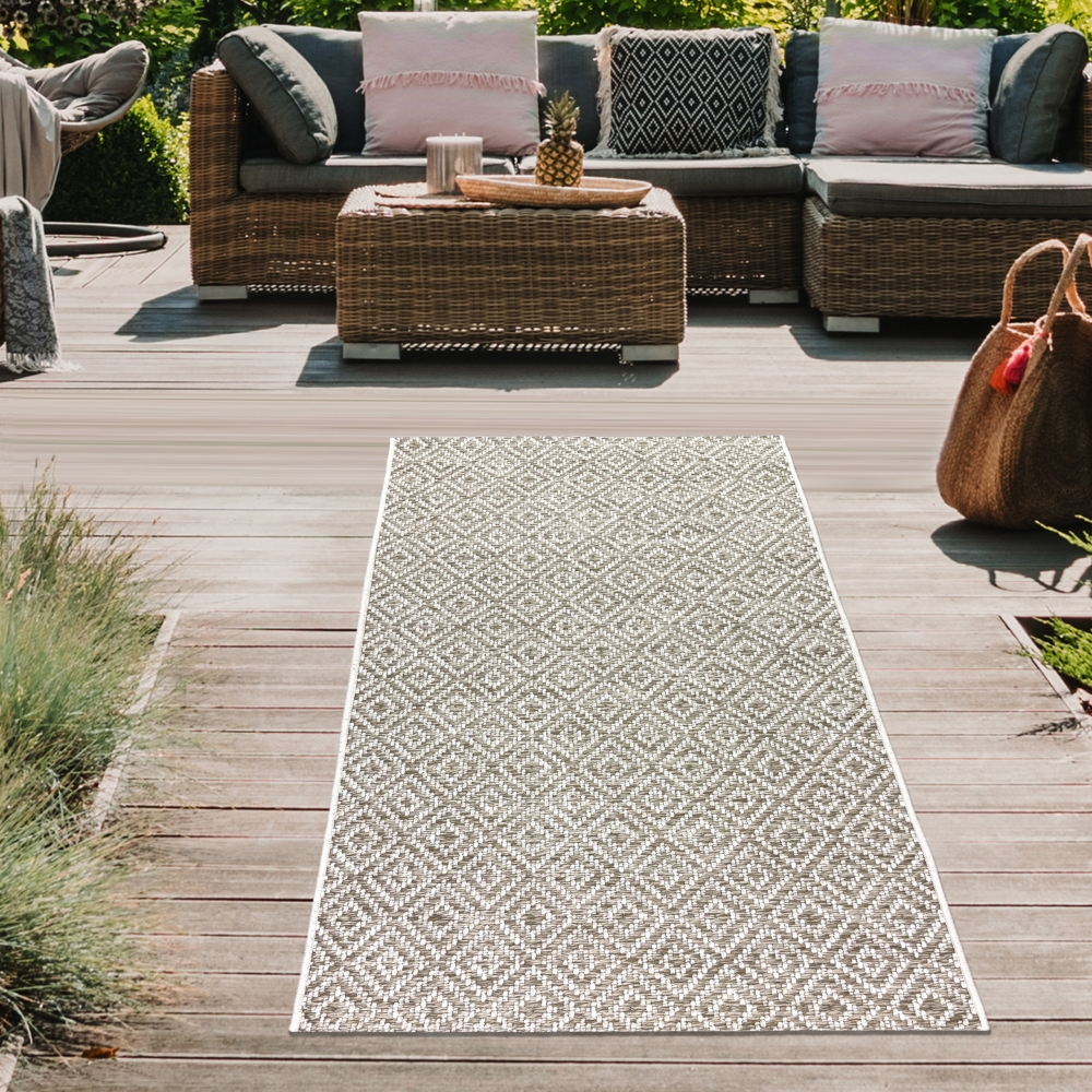 In- & Outdoorteppich Terrasse wetterfest kurzflor im Rautenmuster in beige