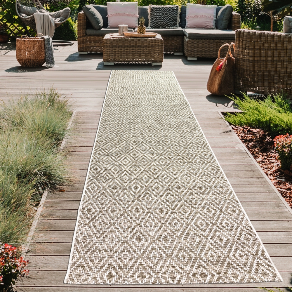 In- & Outdoorteppich Terrasse wetterfest kurzflor im Rautenmuster in beige