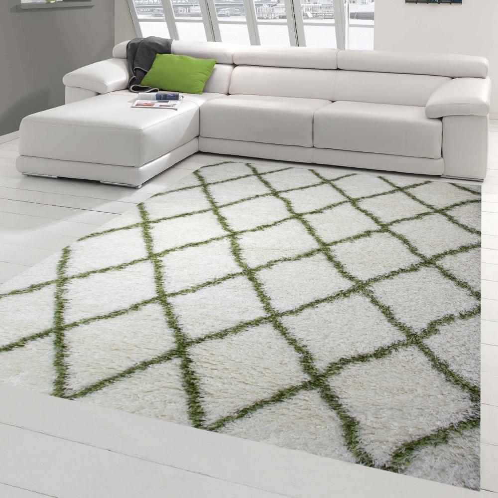 Shaggy Wohnzimmerteppich Hochflor Langflor Rautenmuster in Creme Grün