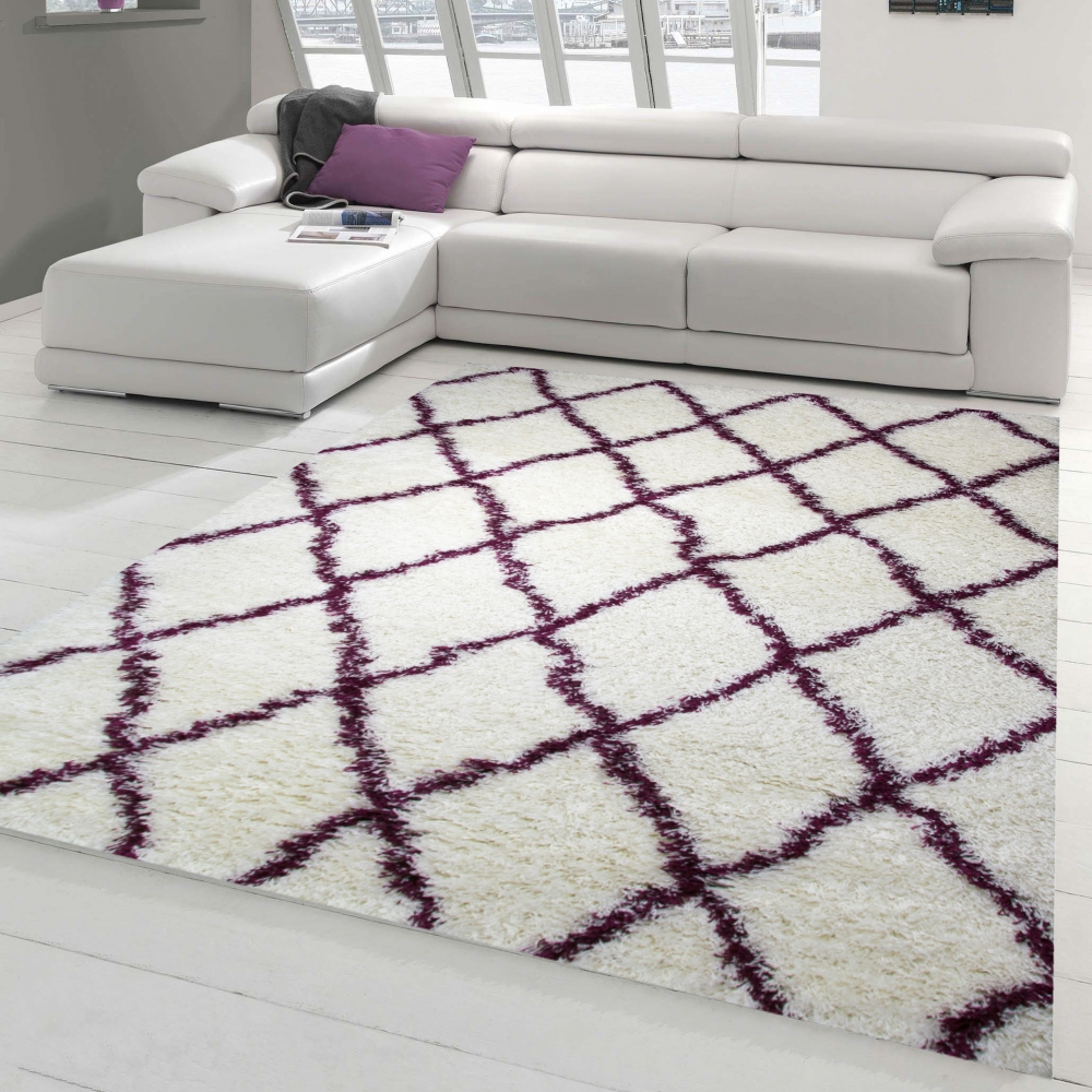 Shaggy Wohnzimmerteppich Hochflor Langflor Rautenmuster in Creme Lila