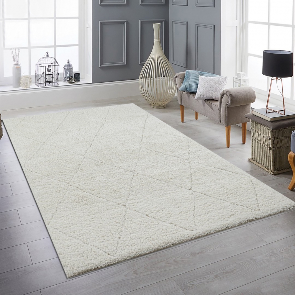 Teppich Rautenoptik Creme Wohnzimmer Hochflor weich pflegeleicht