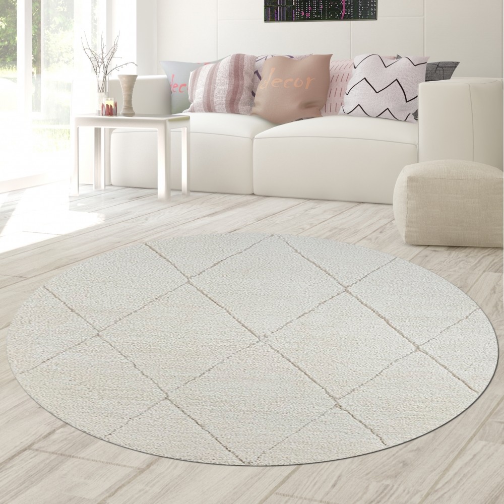 Teppich Rautenoptik Creme Wohnzimmer Hochflor weich pflegeleicht