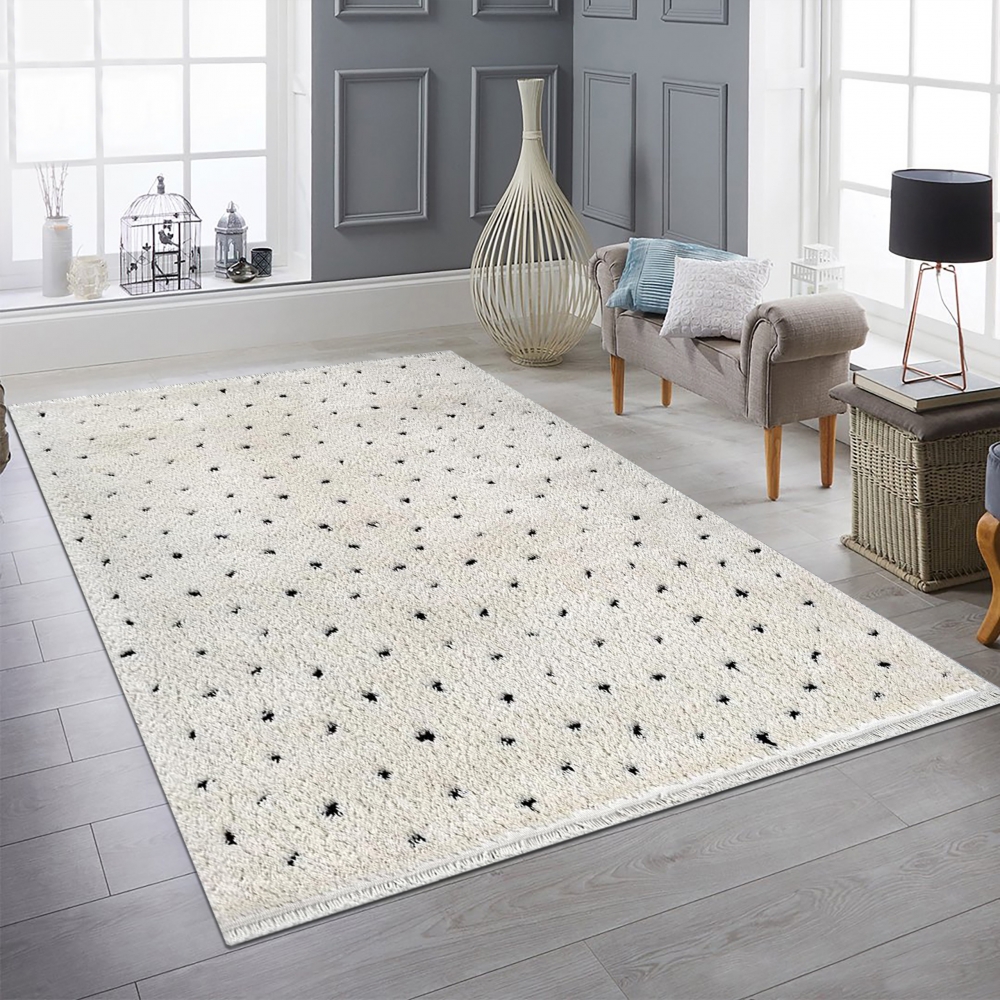 Moderner Teppich  Hochflor  mit Pünktchen-Design weich modern Beige mit Schwarzen Punkten