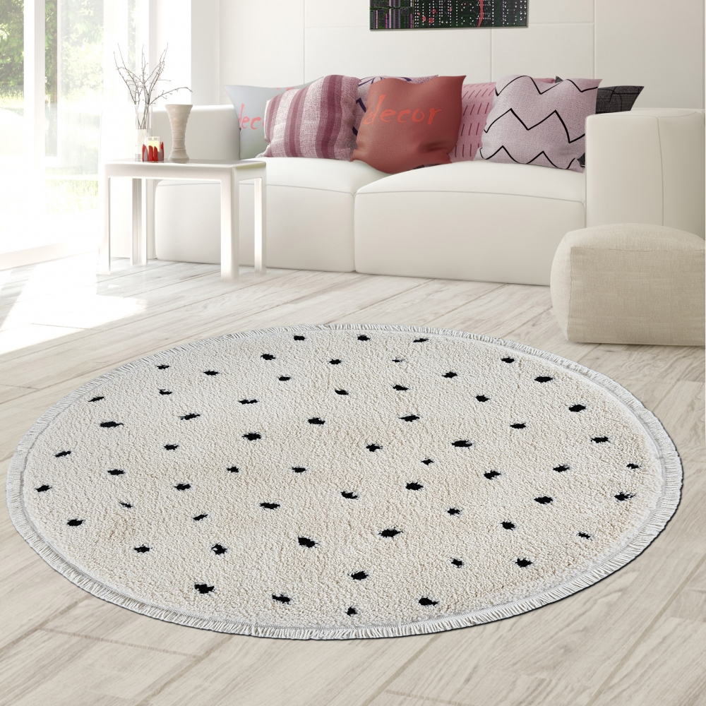 Moderner Teppich  Hochflor  mit Pünktchen-Design weich modern Beige mit Schwarzen Punkten