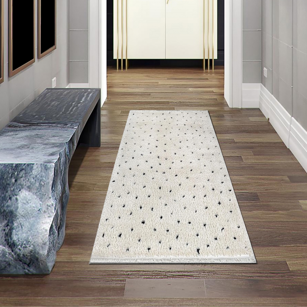 Moderner Teppich  Hochflor  mit Pünktchen-Design weich modern Beige mit Schwarzen Punkten