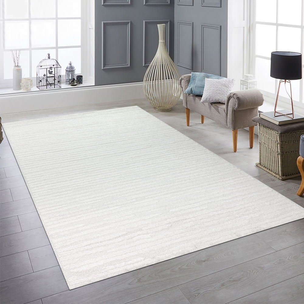 Wohnzimmer Schlafzimmer Teppich mit Hoch-Tief-Effekt und gemusterten Linien in der Farbe creme