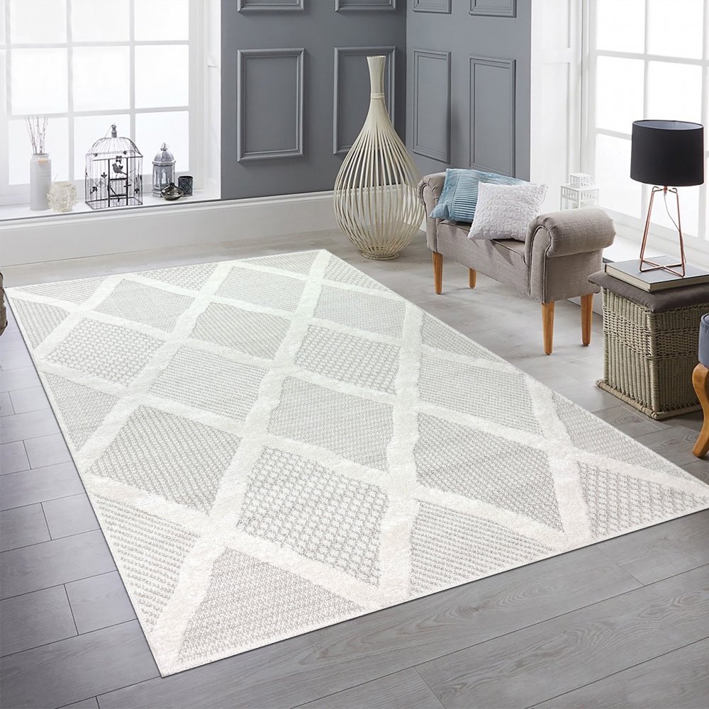 Wohnzimmer Schlafzimmer Teppich mit verschieden gemusterten Rauten in creme grau