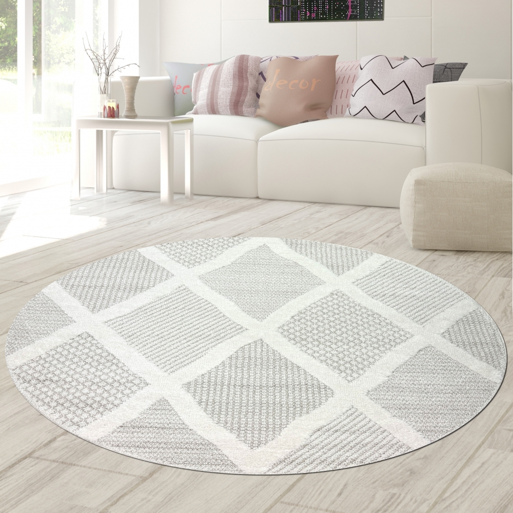 Wohnzimmer Schlafzimmer Teppich mit verschieden gemusterten Rauten in creme grau