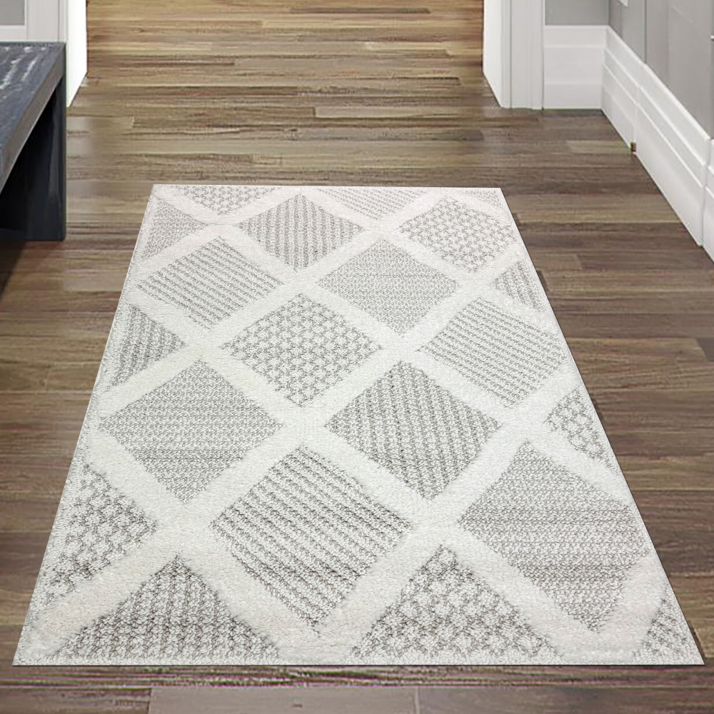 Wohnzimmer Schlafzimmer Teppich mit verschieden gemusterten Rauten in creme grau