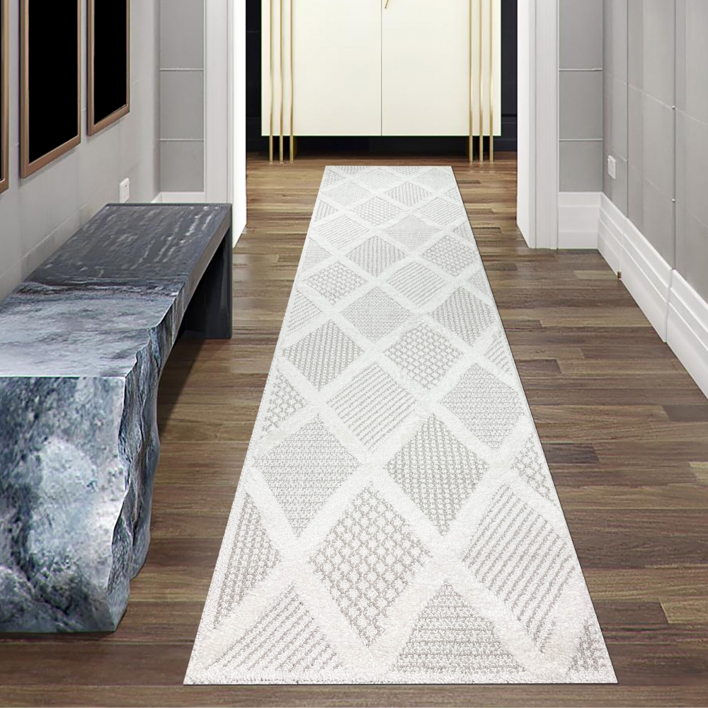 Wohnzimmer Schlafzimmer Teppich mit verschieden gemusterten Rauten in creme grau