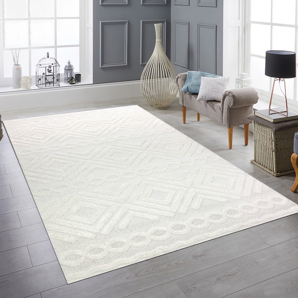 Boho Wohnzimmerteppich mit Rauten und Kreisen in Creme