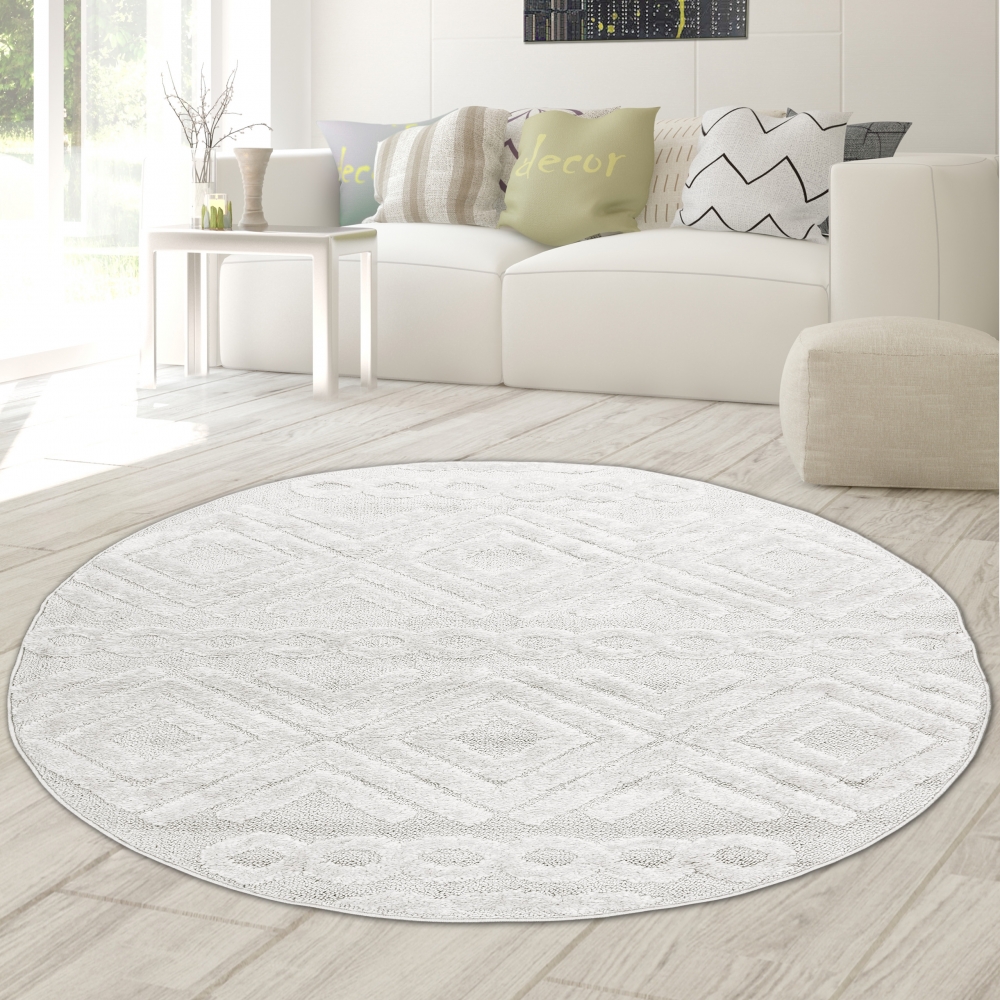Boho Wohnzimmerteppich mit Rauten und Kreisen in Creme