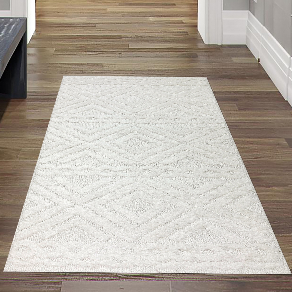 Boho Wohnzimmerteppich mit Rauten und Kreisen in Creme