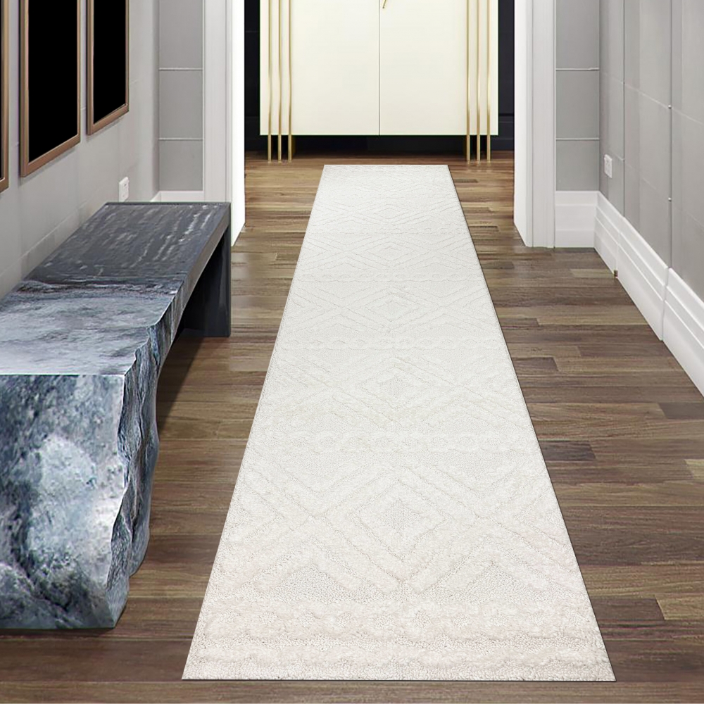 Boho Wohnzimmerteppich mit Rauten und Kreisen in Creme