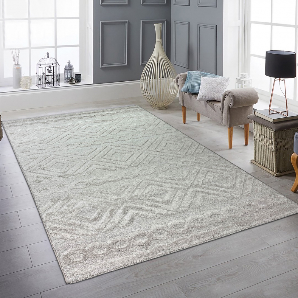Wohnzimmerteppich Boho Style gemustert mit Rauten und Kreisen in Beige