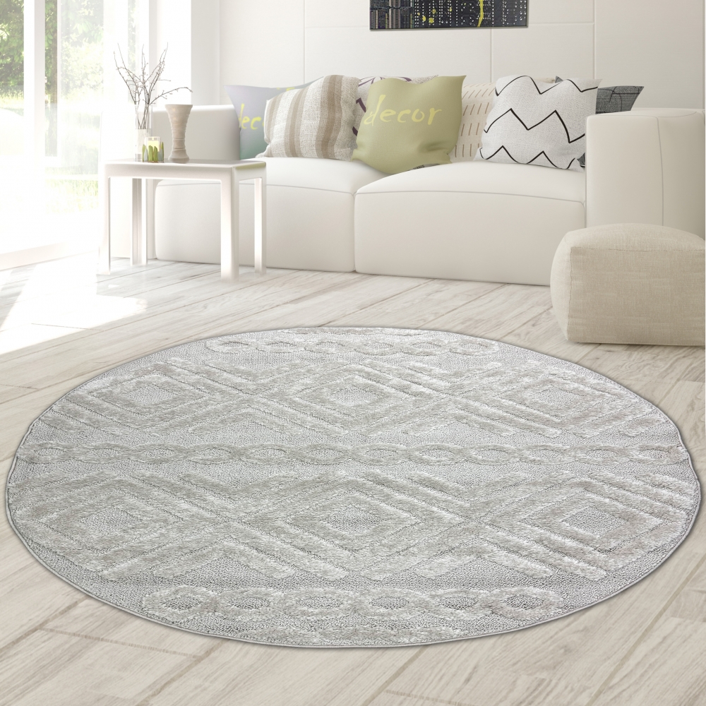 Wohnzimmerteppich Boho Style gemustert mit Rauten und Kreisen in Beige