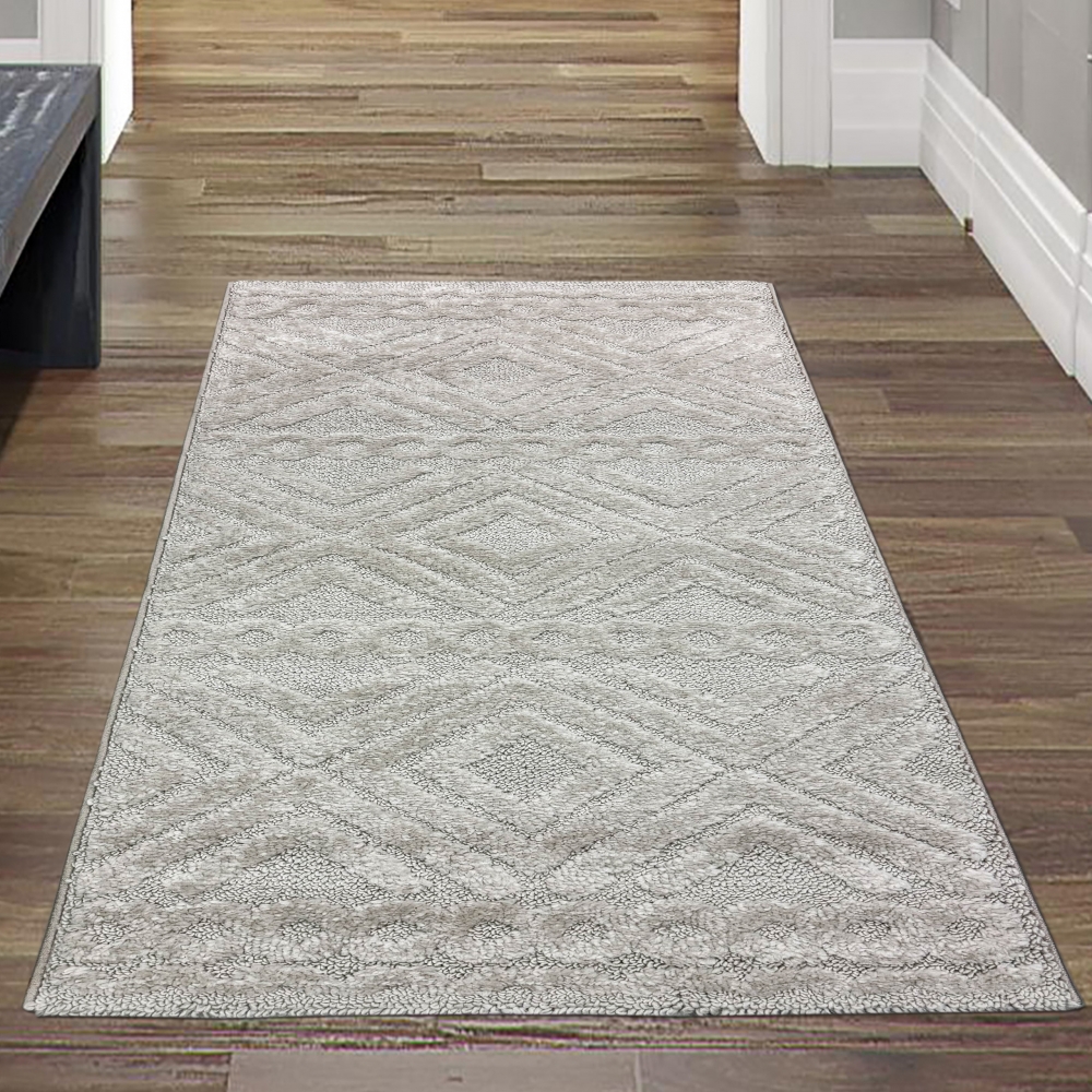 Wohnzimmerteppich Boho Style gemustert mit Rauten und Kreisen in Beige