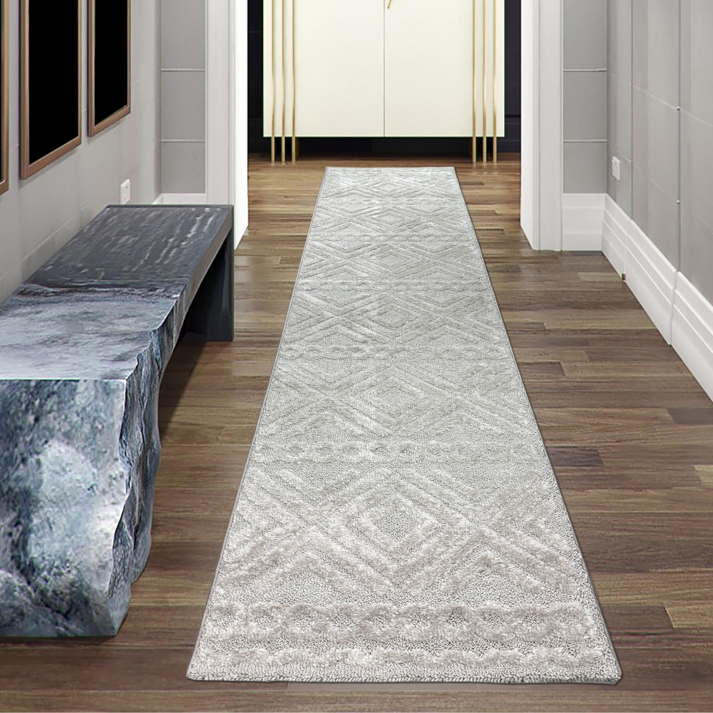 Wohnzimmerteppich Boho Style gemustert mit Rauten und Kreisen in Beige