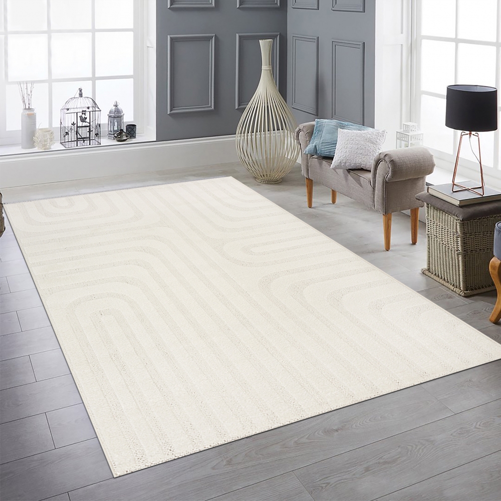 Schimmernder Wohnzimmerteppich gemustert durch Linien mit zwei Webarten in Creme