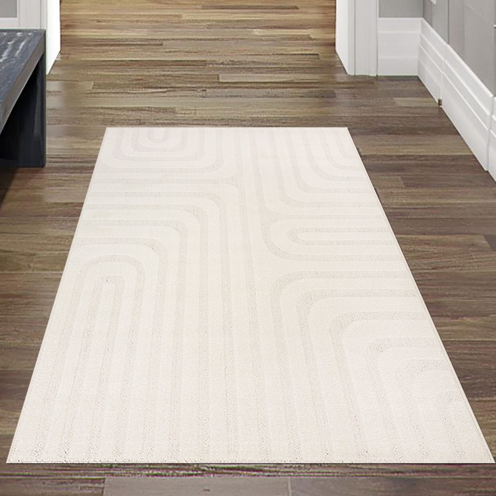 Schimmernder Wohnzimmerteppich gemustert durch Linien mit zwei Webarten in Creme