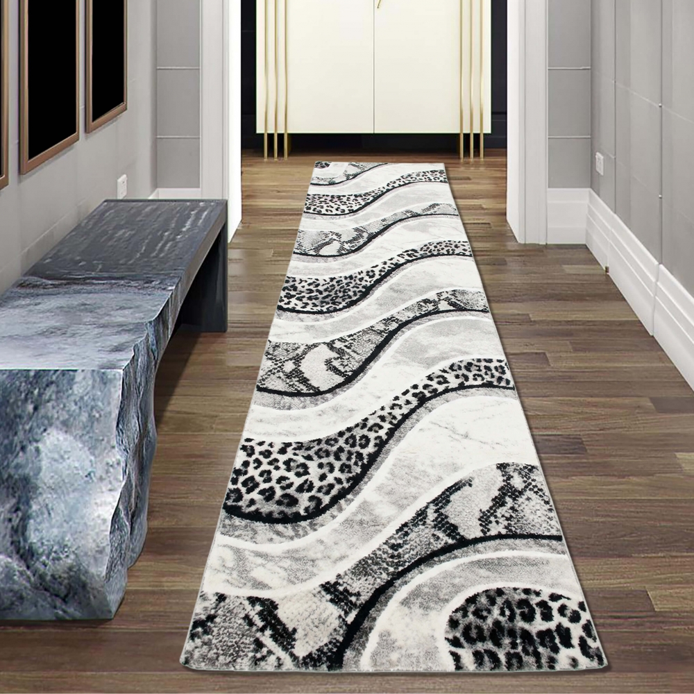 Moderner Teppich Leopardenmuster Grau Schwarz Creme fürs Zuhause