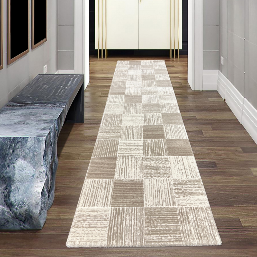 Moderner Kurzflorteppich mit Karomuster Beige Creme Moderner Kurzflorteppich mit Karomuster Beige Creme