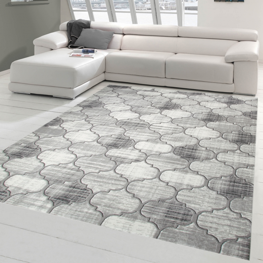Designer und Moderner Teppich Marokkanisches Muster in Grau Beige