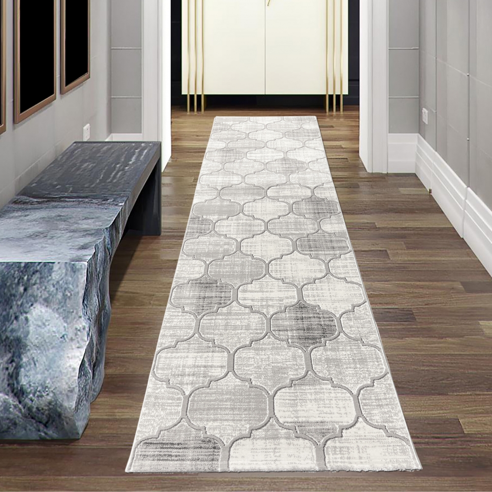 Moderner Kurzflorteppich mit Ornamentmuster Grau-Beige mit Cremeakzenten Moderner Kurzflorteppich mit Ornamentmuster Grau-Beige mit Cremeakzenten