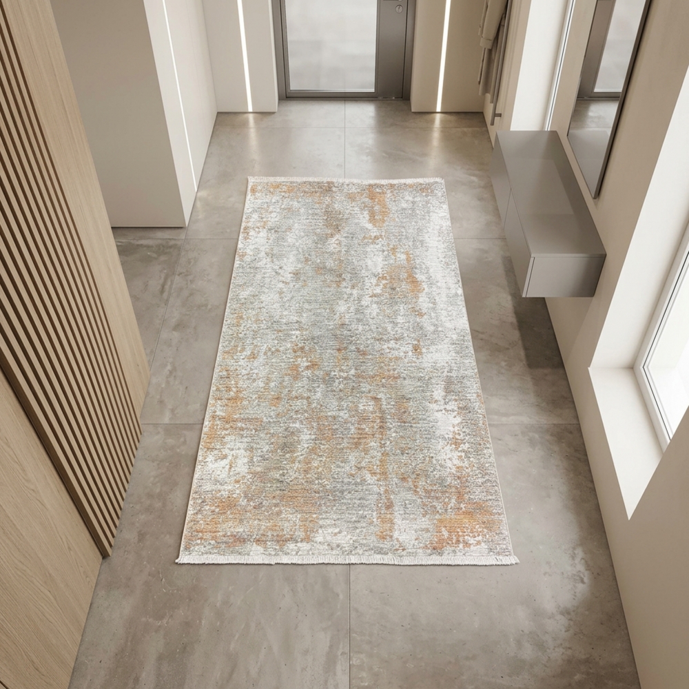 Teppich Kupfer Grau Creme mit abstraktem Muster und Fransen modern