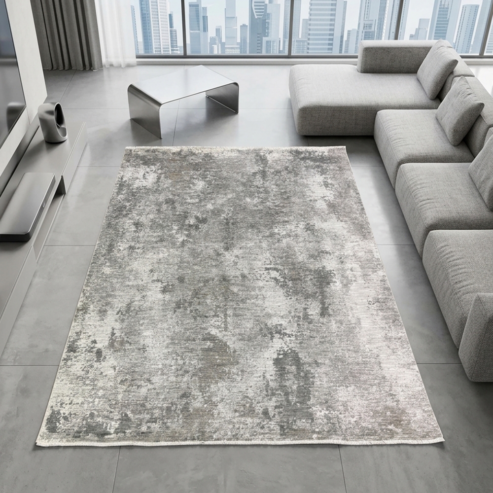 Teppich Grau Creme mit abstrakter Struktur, Fransen und modernem Design